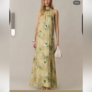 Sleeveless Olive Floral High-Neck Maxi Dress